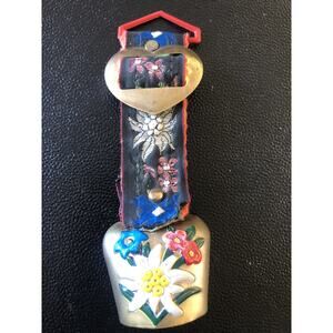 Vintage Swiss Brass Cow Bell Goat Sheep Hand Painted Flowers Embroidered Small